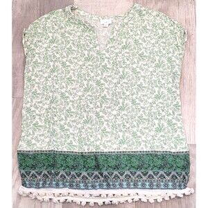 J. Jill Mojito Size L Petite Green Vineyard Border Print V-Neck Top Tassel Boxy